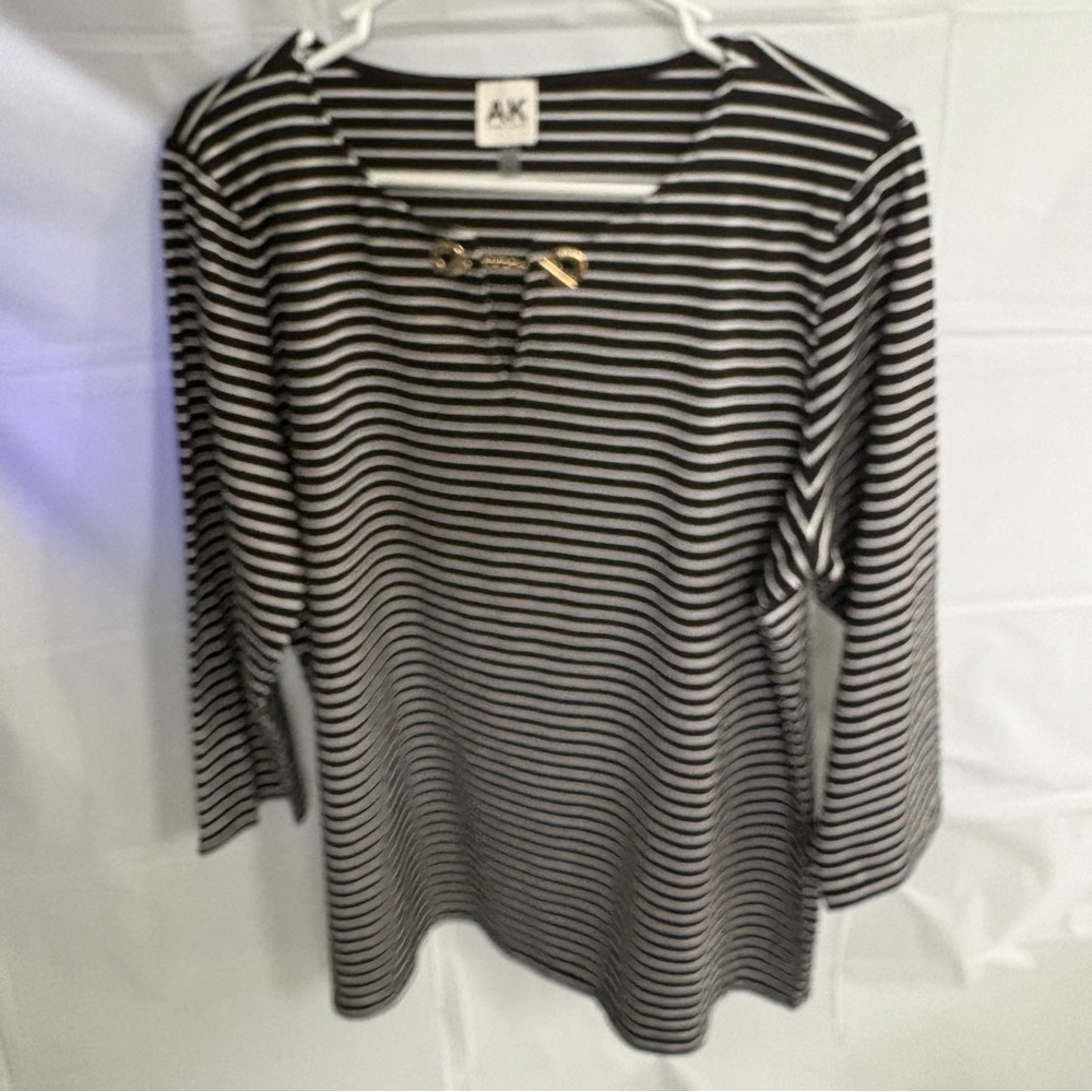 Anne Klein Black and White Striped Top with Gold Chain Detail